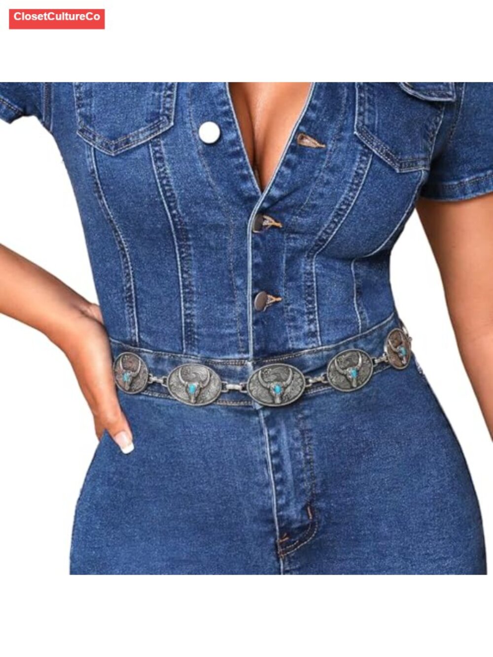 Western Metal Concho Chain Belt Adjustable Cowgirl Waist Belt for Dresses